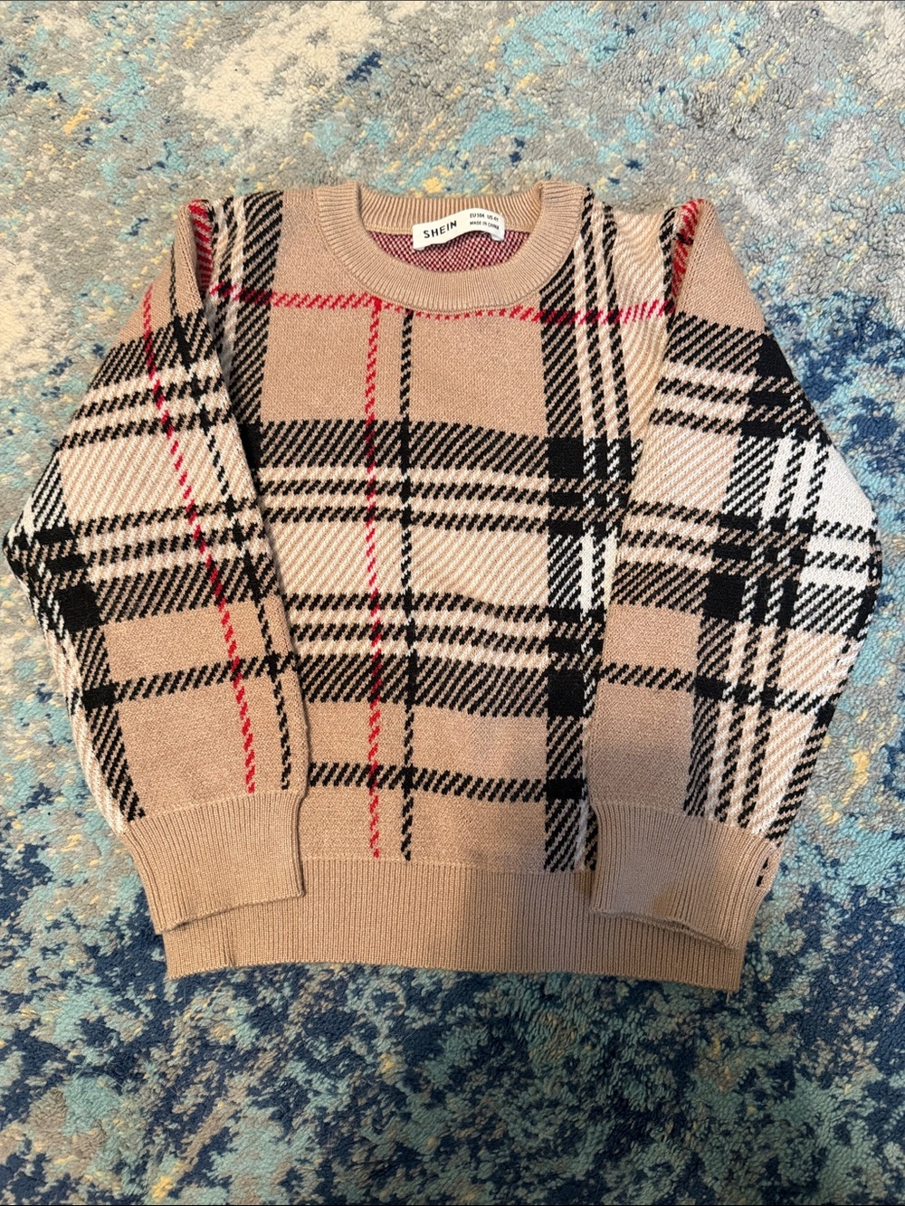 SHEIN Beige Plaid Crewneck Sweater with Black, White & Red Accents